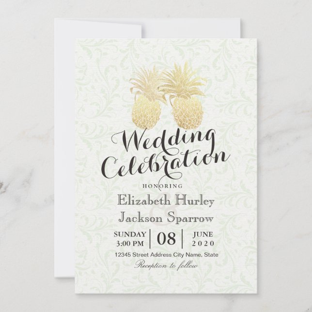 Modern Wedding Elegant Gold Foil Pineapple Couple Invitation (Front)