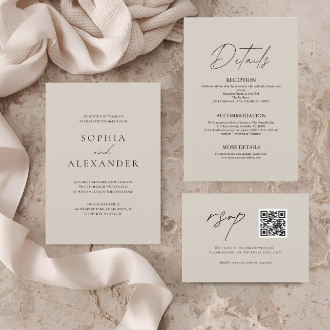 Modern Wedding Elegant Taupe & Black Invitation (Creator Uploaded)
