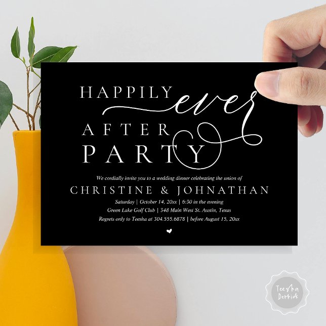 Modern Wedding Elopement, Happily Ever After Party Invitation (Modern Cute Wedding Elopement, Happily Ever After Party Invitation Card, PDF, in Classy Black)