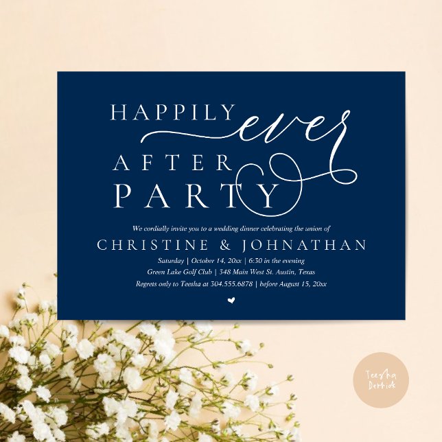 Modern Wedding Elopement, Happily Ever After Party Invitation (Modern Cute Wedding Elopement, Happily Ever After Party Invitation Card, PDF, in Navy Blue)