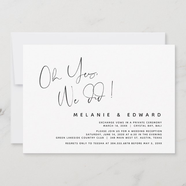 Modern Wedding Elopement, Oh Yes, We Did Invitation (Front)