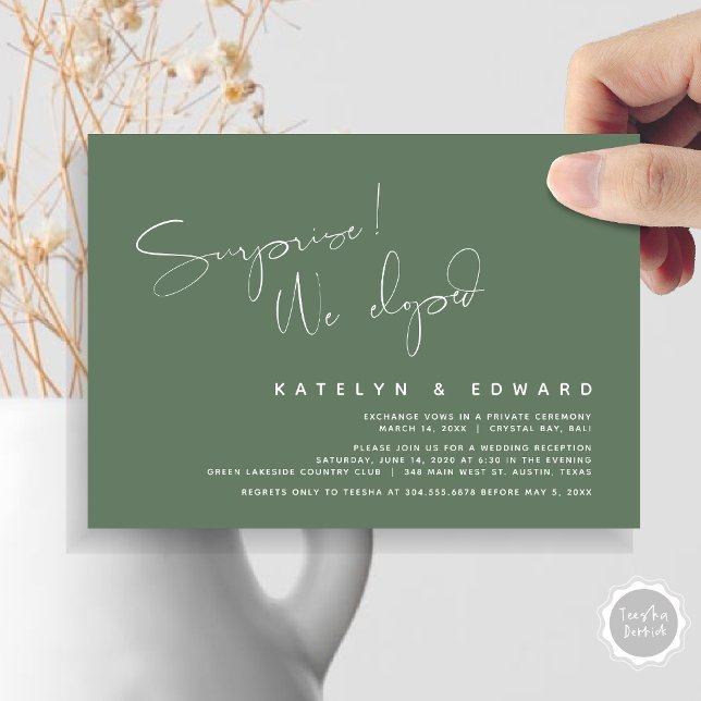 Modern Wedding Elopement, Surprise, we eloped Invitation (Modern Wedding Elopement, Surprise, we eloped, dinner Invitation Card, PDF, in Forest Sage Green)