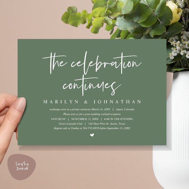 Modern Wedding Elopement the celebration continues Invitation (Wedding Elopement, Modern celebration continues Invitation Card, PDF, in Sage Green)