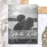 Modern Wedding Engagement SAVE THE DATE | PHOTO Postcard<br><div class="desc">Elegant and modern SAVE THE DATE postcards to send your guests.  White script calligraphy with photo / image / picture.  Transparent banner. Perfect for black and white engagement photos. Online personalized templates for ease of editing. Add your text in front and back of card.  Contact designer for special requests.</div>