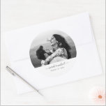 Modern Wedding Favour Save the Date Photo Script Classic Round Sticker<br><div class="desc">Beautiful modern photo sticker with your names and wedding date in elegant script typography,  making your favourite photo shine through white space and minimalist design. Perfect for wedding favours,  save the date announcements or just a beautiful photo memory.</div>