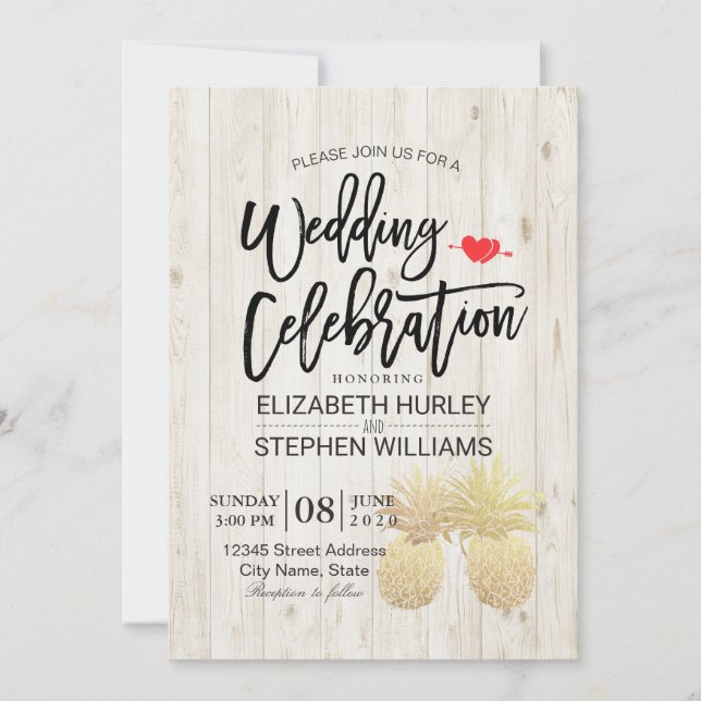 Modern Wedding Golden Pineapple Couple Rustic Wood Invitation (Front)
