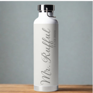 Modern Wedding Groom Name Date Orff white Text Water Bottle