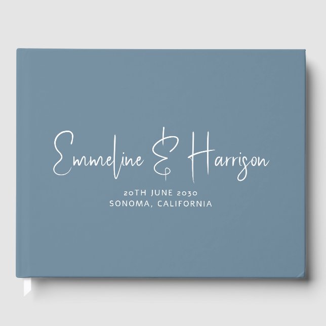Modern Wedding Handwritten Script Dusty Blue Guest Book (Front)