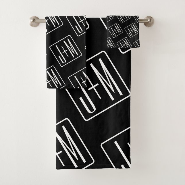 Modern Wedding Initials Pattern | Black & White Bath Towel Set (Insitu)