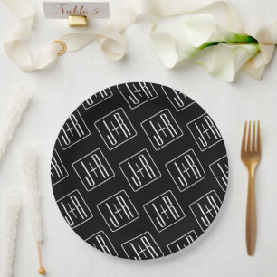 Modern Wedding Initials Pattern Black & White Paper Plate