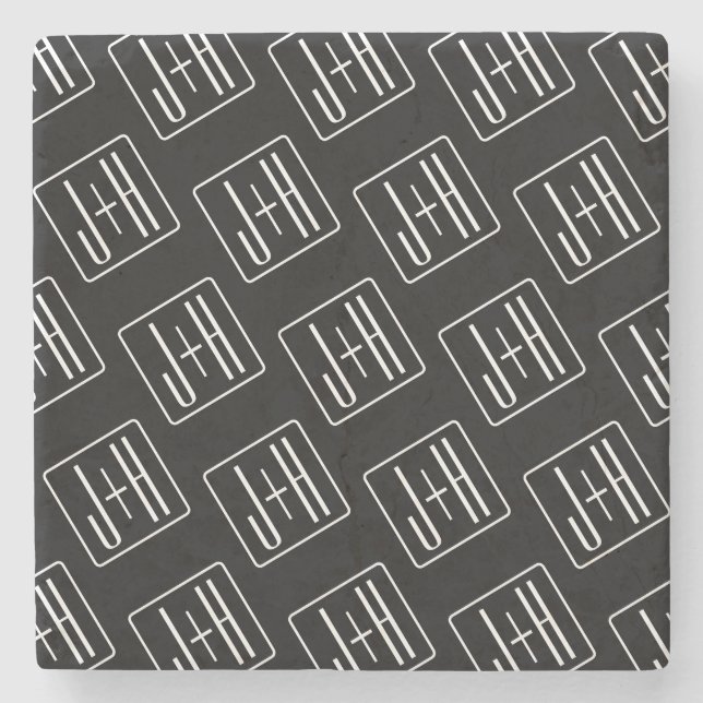 Modern Wedding Initials Pattern | Black & White Stone Coaster (Front)