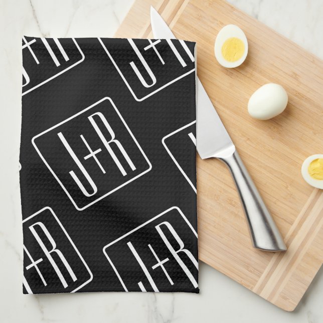 Modern Wedding Initials Pattern | Black & White Tea Towel (Quarter Fold)