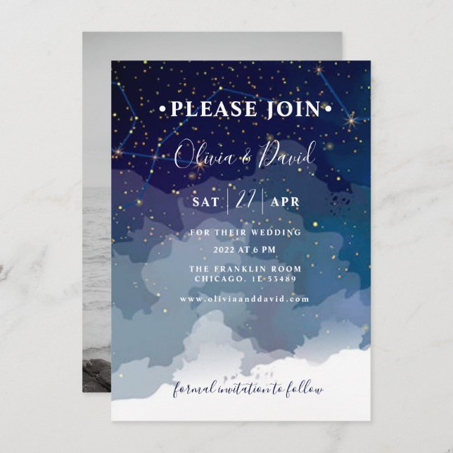  Modern Wedding Invitation Blue Sky and White Star (Front/Back)