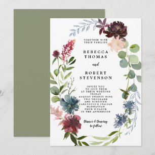 modern wedding invitation burgundy floral wreath