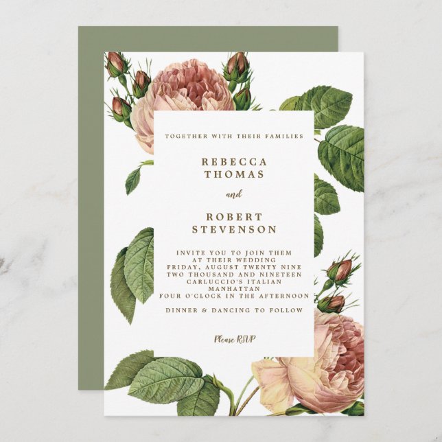 modern wedding invitation pink rose florals (Front/Back)