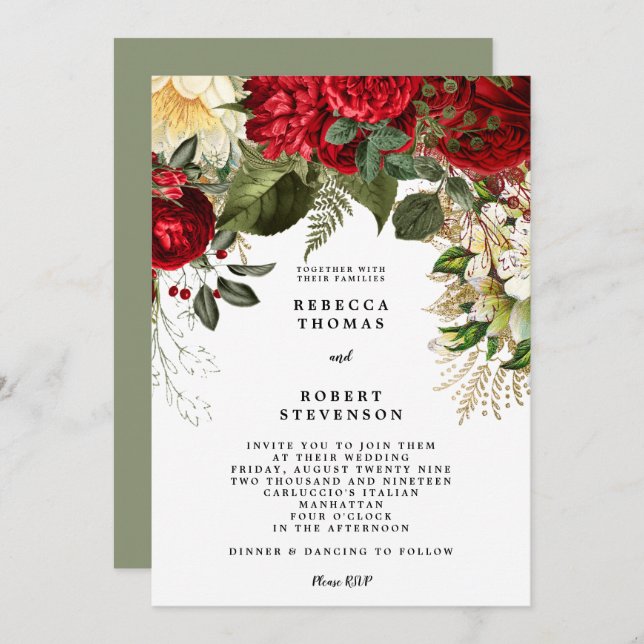 modern wedding invitation red floral winter (Front/Back)