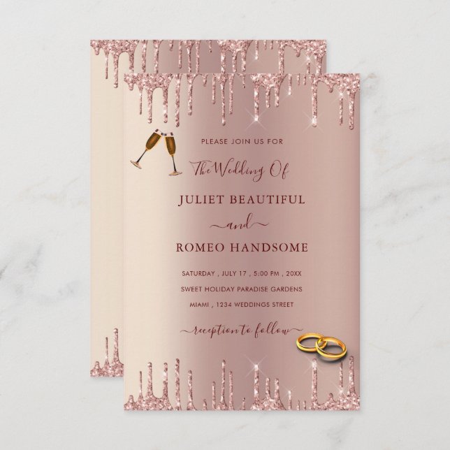 Modern Wedding Invitation Rose Blush Glitter Drips (Front/Back)