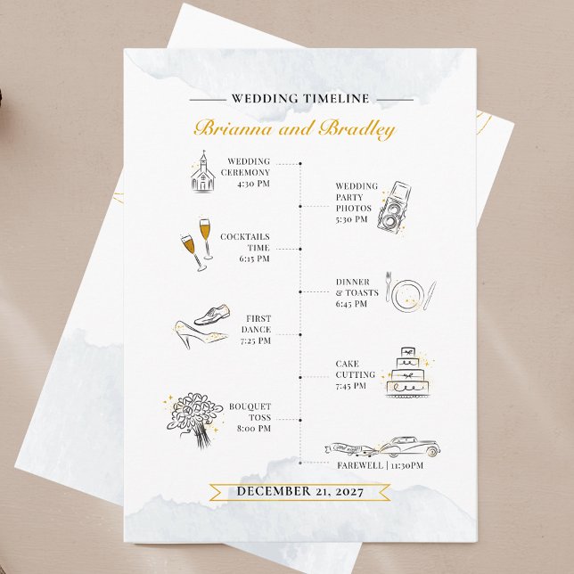 Modern Wedding Itinerary and Welcome Watercolor Programme (Wedding Program Timeline with Icons Card)