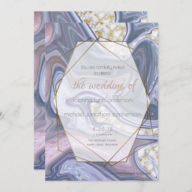 Modern Wedding Marbleised Purple Rose Agate Invitation (Front/Back)