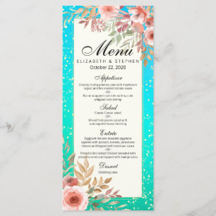 Modern Wedding Menu Pink Floral Teal Gold Confetti