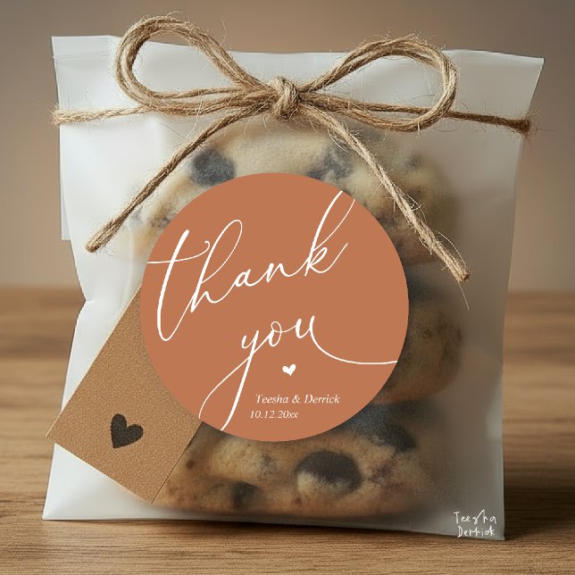 Modern Wedding Minimal Thank You Cute Heart Gifts Classic Round Sticker (Modern Wedding Minimal Thank You Cute Cute Little Heart Gifts Classic Round Sticker in Copper Brown)