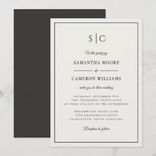 Modern Wedding Minimalist Monogram Cream & Black Invitation