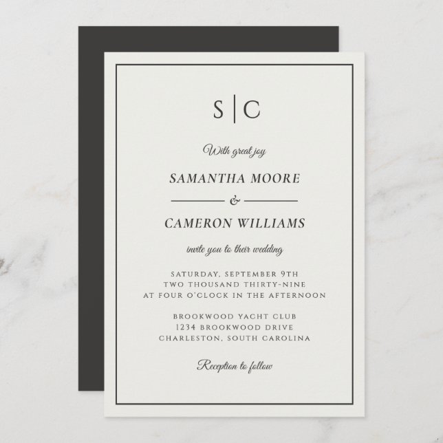 Modern Wedding Minimalist Monogram Cream & Black Invitation (Front/Back)
