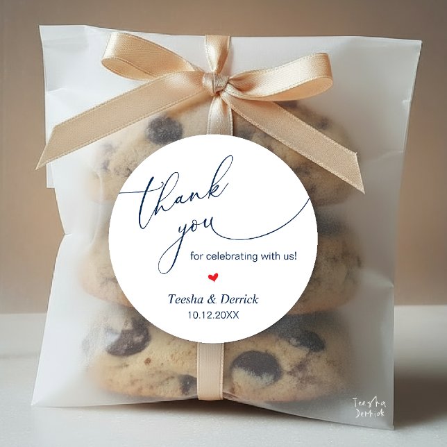 Modern Wedding Minimalist Thank You Gifts  Classic Round Sticker (Modern Wedding Minimalist Thank You Gifts Classic Round Sticker in Navy Blue, Little Red Heart)