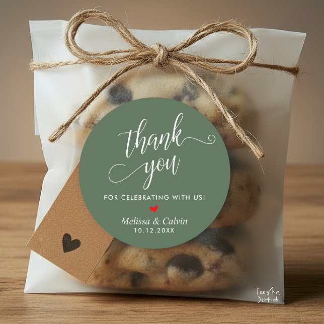 Modern Wedding Minimalist Thank You Gifts Classic Round Sticker (Modern Wedding Minimalist Thank You Gifts Classic Round Sticker favors in red heart sage green)