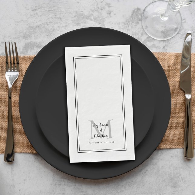 Modern Wedding Monogram Names & Date Black White Napkin (Creator Uploaded)