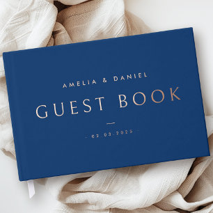 Modern wedding names and date dark blue real guest book
