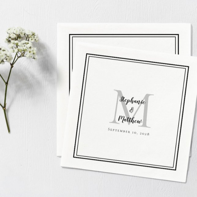Modern Wedding Names & Date Monogram Black Grey Napkin (Creator Uploaded)