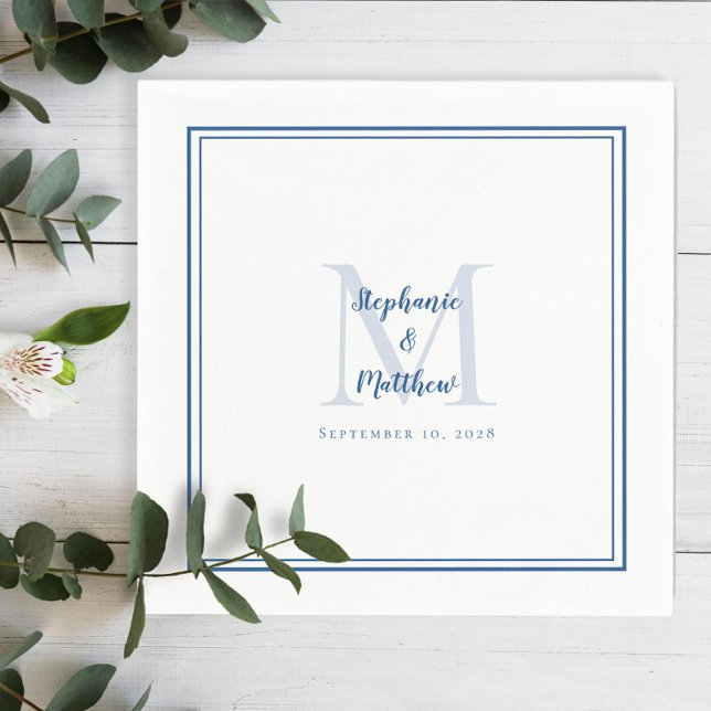 Modern Wedding Names & Date Monogram Blue White Napkin (Creator Uploaded)
