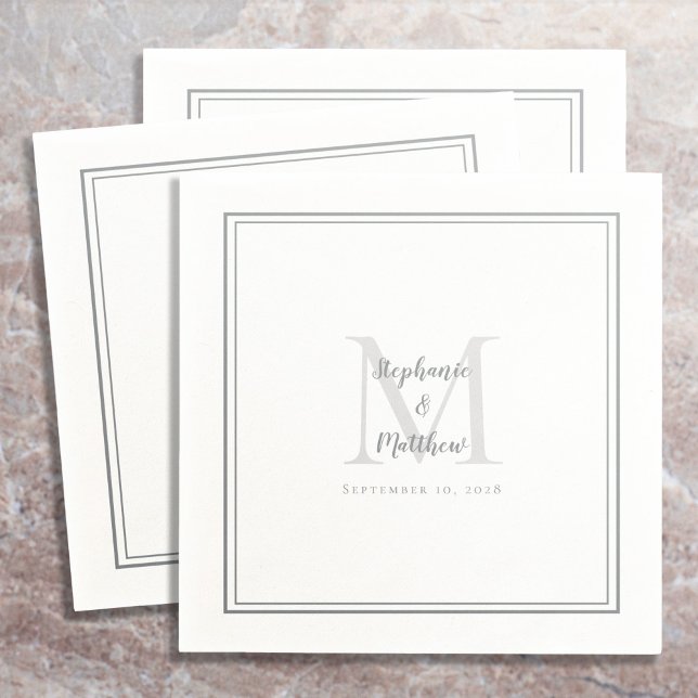 Modern Wedding Names & Date Monogram Gray Cocktail Napkin (Creator Uploaded)