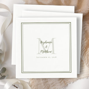 Modern Wedding Names & Date Monogram Olive Green Napkin