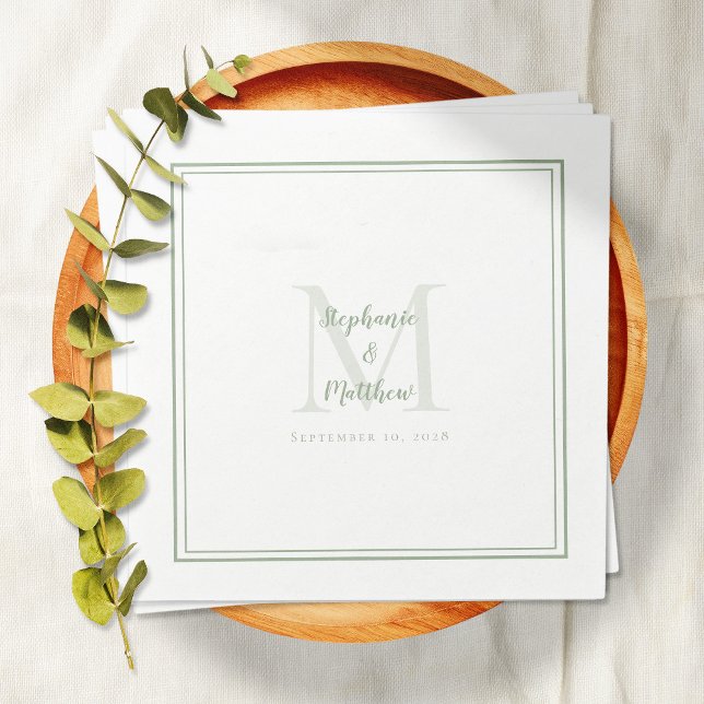 Modern Wedding Names & Date Monogram Sage Green Napkin (Modern Wedding Names & Date Monogram Sage Green Napkins)