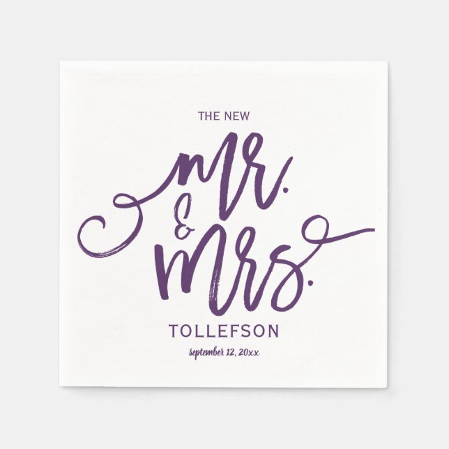 Modern Wedding Napkins | Brush Script (Plum) (Front)