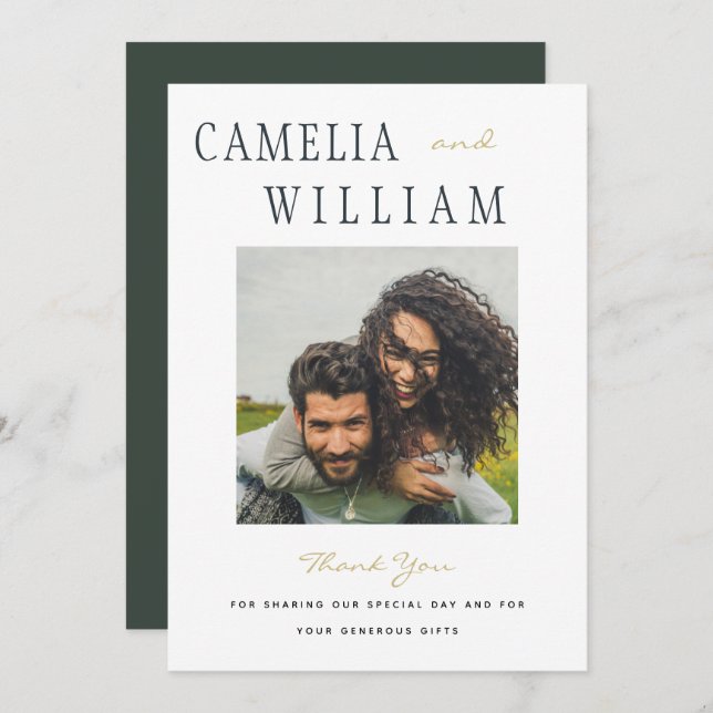Modern Wedding Olive Green Gold THANK YOU PHOTO Invitation (Front/Back)