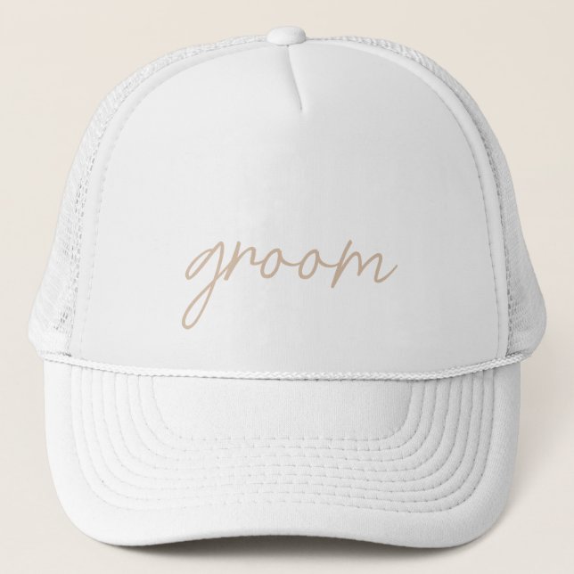 Modern Wedding Party | Beige Script Trucker Hat (Front)