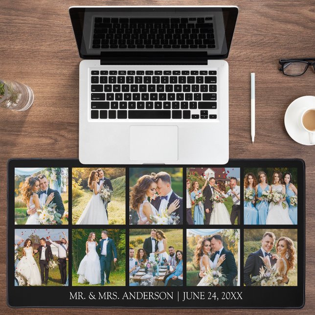 Modern Wedding Photo Collage - Choose Your Colour Desk Mat (Customize to change text size, text style or background color.)
