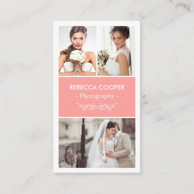 Modern Wedding Photo Collage - Elegant Coral Pink Business Card (Front)