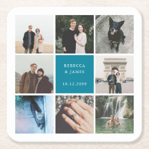 Modern Wedding Photo Collage Picture Grid Square Paper Coaster