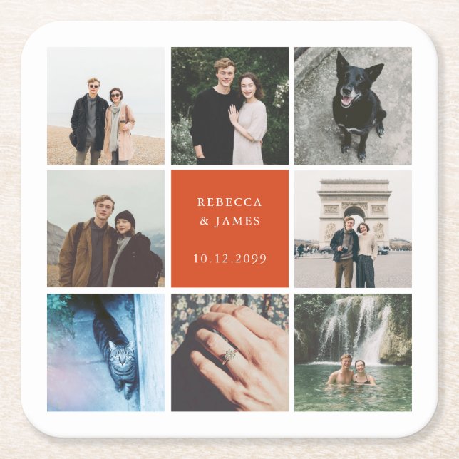 Modern Wedding Photo Collage Picture Grid Square Paper Coaster (Front)