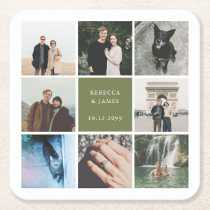 Modern Wedding Photo Collage Picture Grid Square Paper Coaster