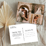 Modern Wedding Photo Collage Thank You Postcard<br><div class="desc">Beautiful wedding thank you card featuring three of your favourite wedding celebration photos. Customise the front side with your photo (using a dark photo on the left side will help the white text pop). Add your details to the backside of the card. You can order one card at a time...</div>