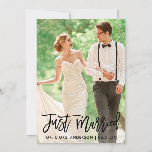Modern Wedding Photo Just Married Brush Script Announcement (Front)