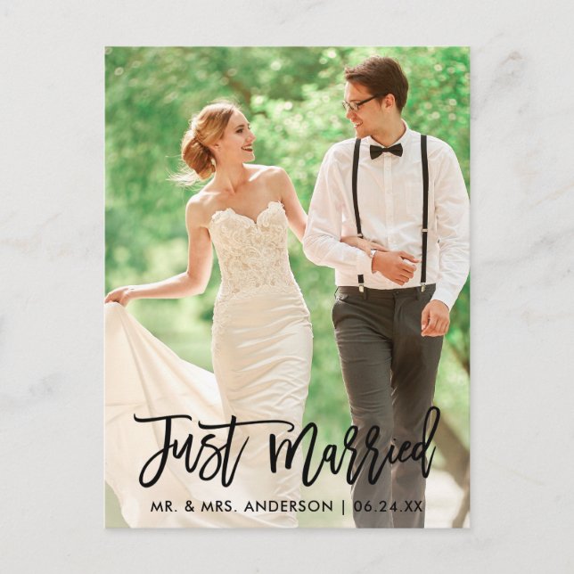 Modern Wedding Photo Just Married Brush Script Postcard (Front)