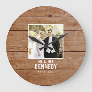 Modern Wedding Photo Light Brown Wood Farmhouse Large Clock