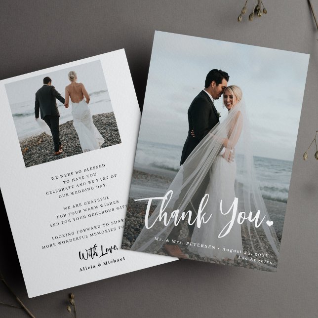 Modern wedding photo overlay 2 photo simple thank you card (Creator Uploaded)
