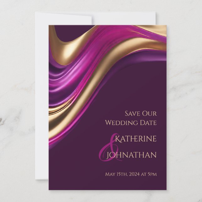 Modern Wedding -Photo-Purple Fuchsia and Gold- Save The Date (Front)